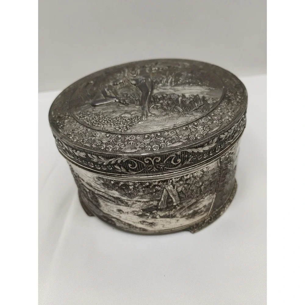 Japan Metal Trinket Dresser Box Risque Ladies Bathing At The Stream Vintage